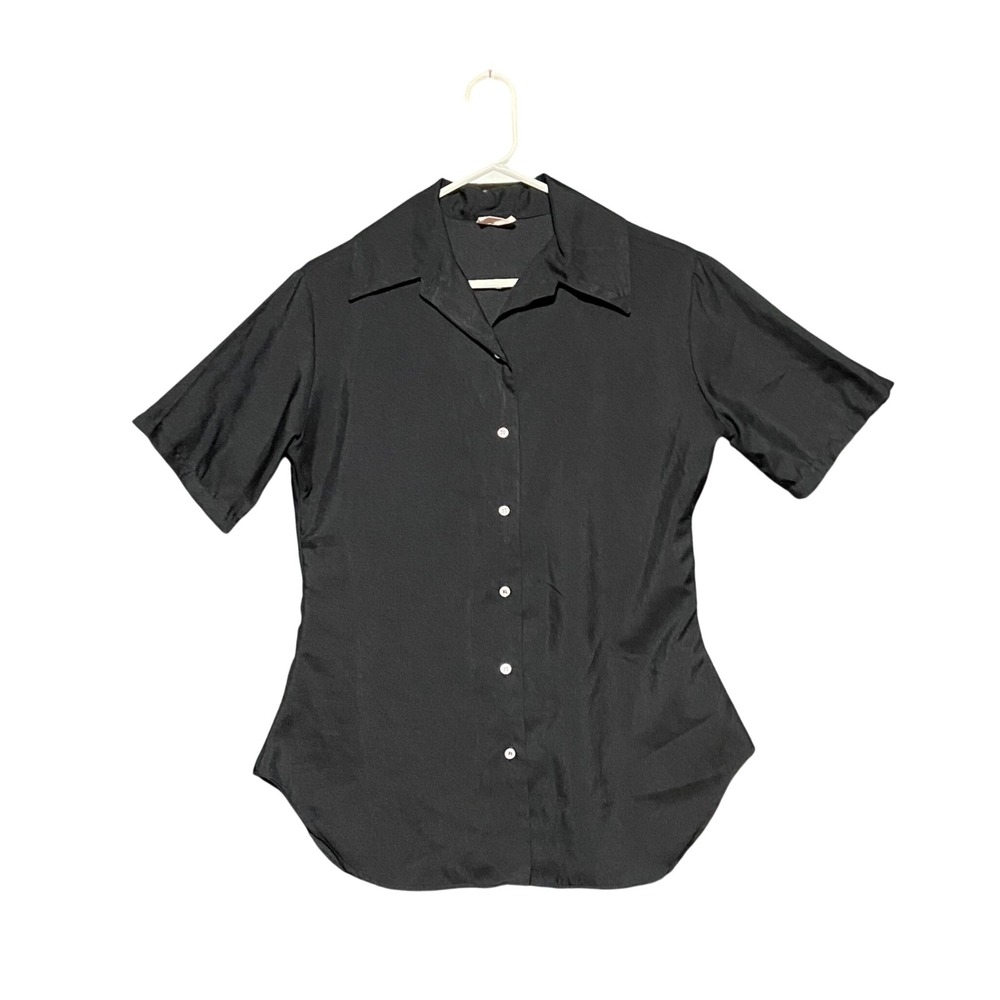 Evan Picone Womens M Black Short Sleeve Button Down Blouse Collared Shirt READ